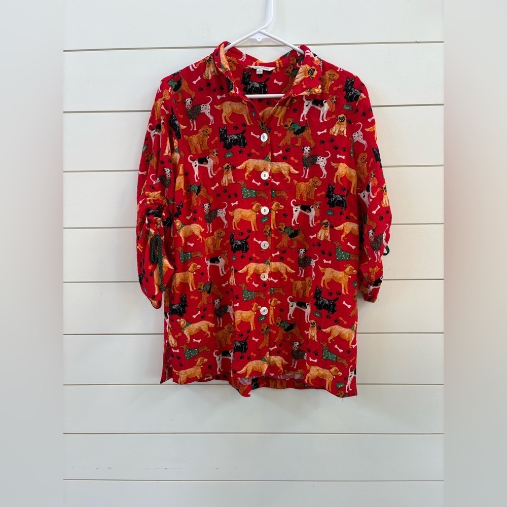 John Mark Women’s Novelty Dog Print Wire Collar 3/4 Cinched Tie Sleeve Tunic